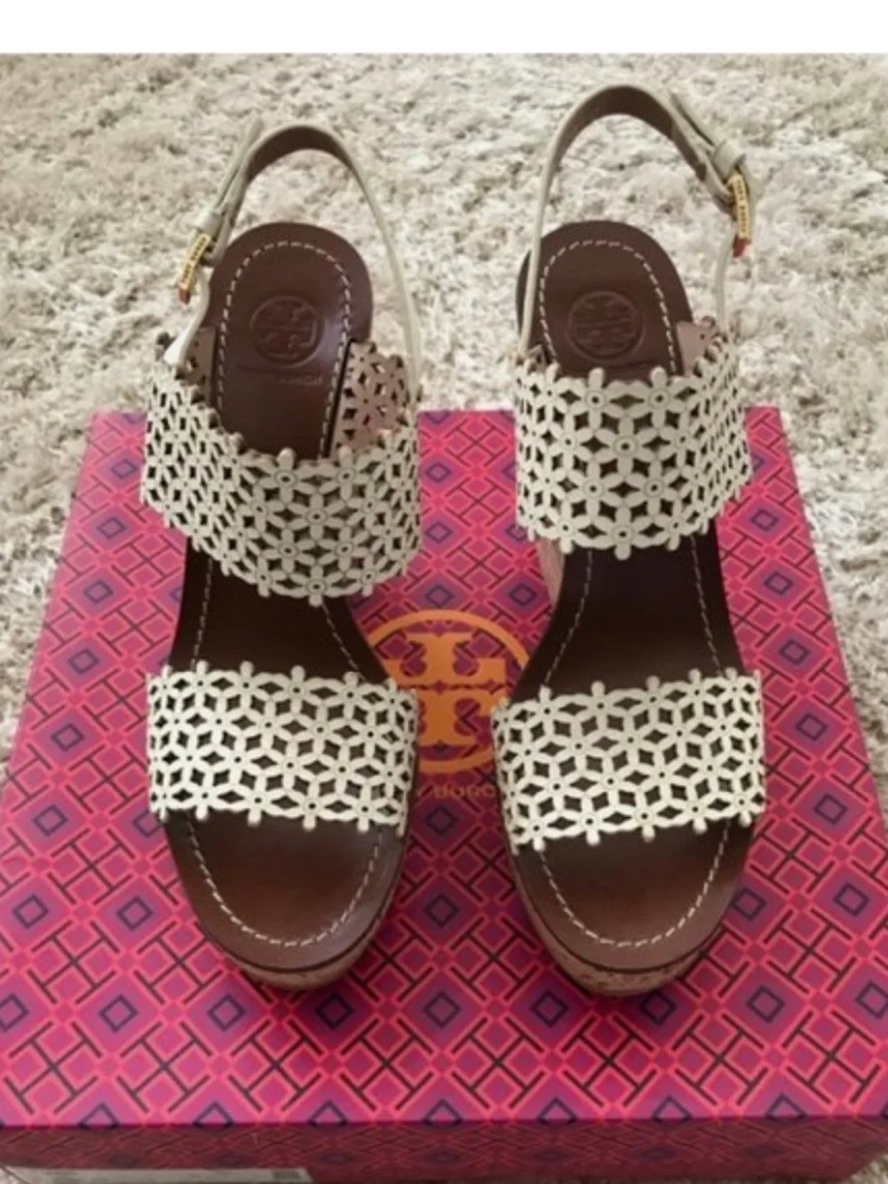 Tory Burch Women Cream Laser-Cut Cork Wedge Sandals. 11